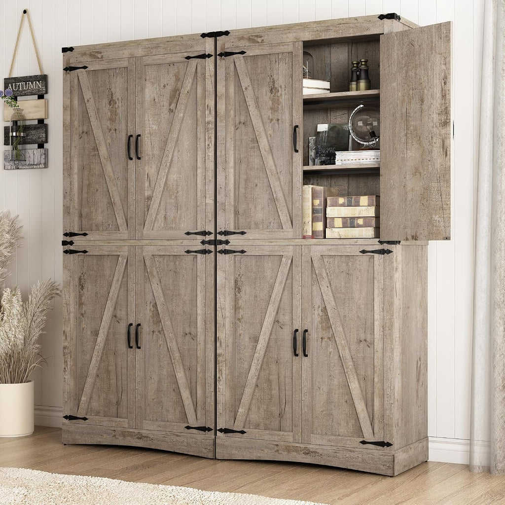 71" Tall Kitchen Pantry,Farmhouse Storage Cabinet with Adjustable Shelves,Load-Bearing Steel Pipe,Farmhouse Pantry Cabinet with 4 Barn Doors,for Kitchen,Dining Room,Living Room(Light Rustic Oak)