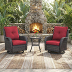 Outdoor Swivel Rocker Patio Chairs with Side Table 3 Pieces PE Wicker Patio Furniture Set for Porch Deck Balcony Garden-Brown/Red