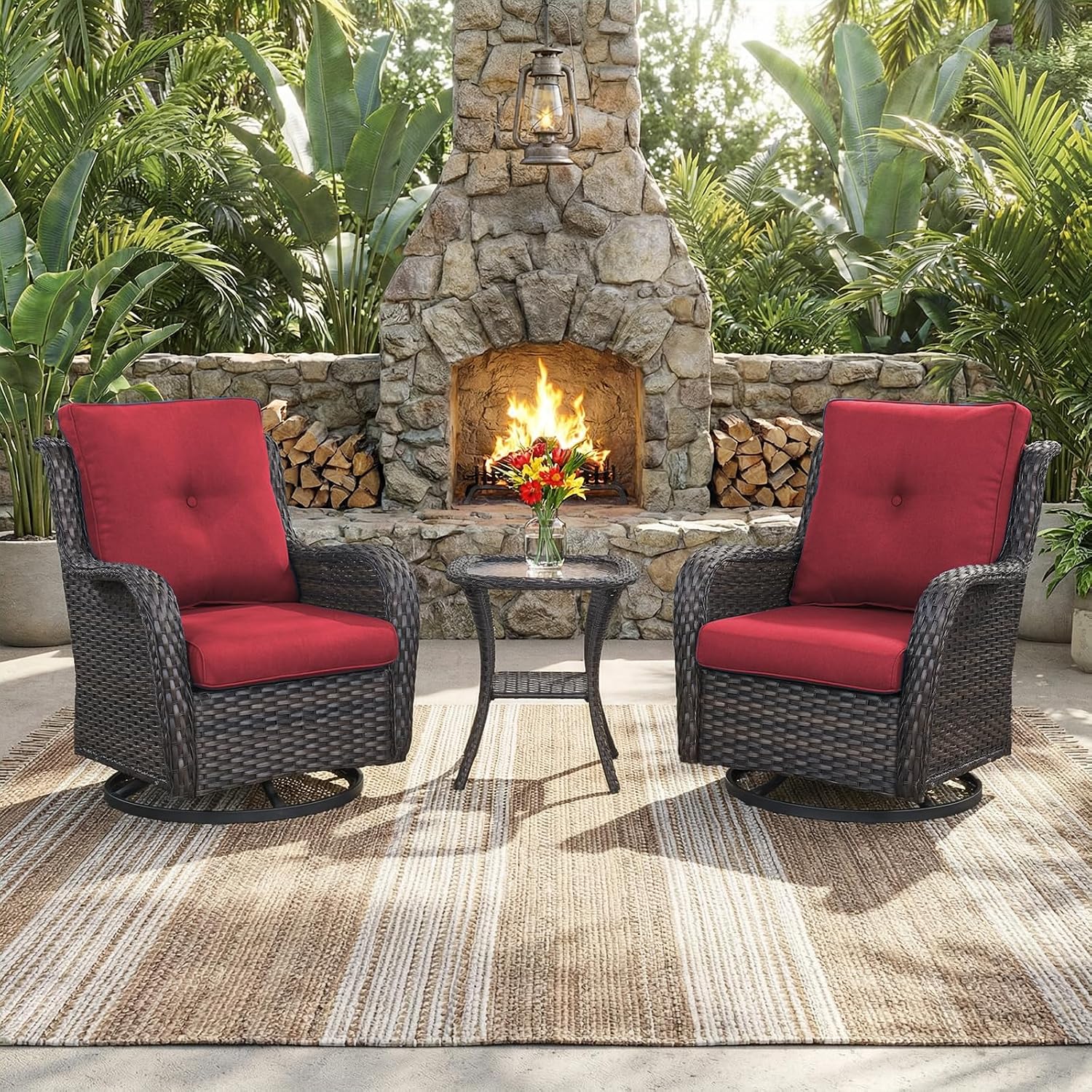 Outdoor Swivel Rocker Patio Chairs with Side Table 3 Pieces PE Wicker Patio Furniture Set for Porch Deck Balcony Garden-Brown/Red
