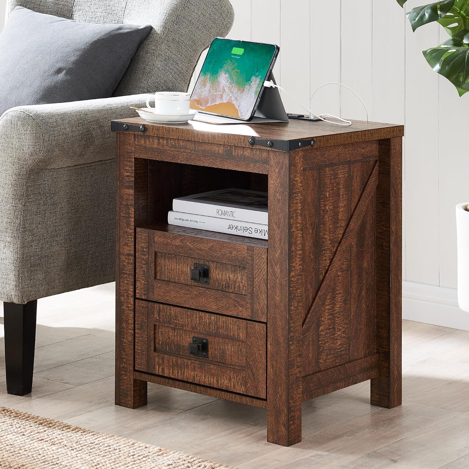 T4TREAM 18" Farmhouse Nightstand Set of 2, Reclaimed Barnwood | Charging Station, Rustic End Table, Open Shelf, 2 Drawers, Living Room, Side Table, Wood Bedside Table, Unique Corner Accent