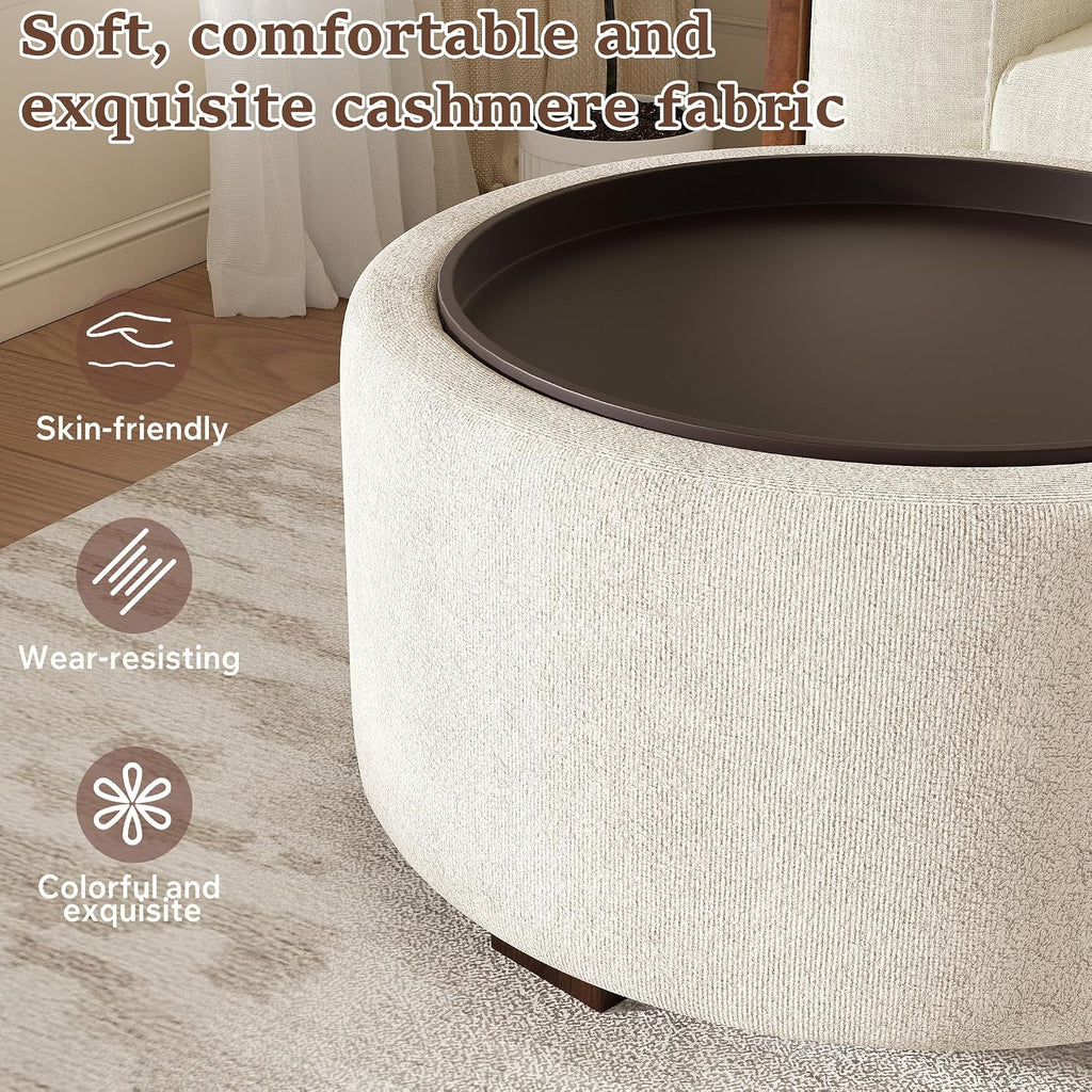 30" Round Ottoman with Storage Circular Coffee Table with Removable Wood Top and Solid Wood Legs Modern Upholstered Ottoman for Living Room Bedroom Apartments White