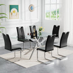 7 Piece Modern Dining Table Set of 6, 61" Tempered Glass Rectangle Dining Tables and 6 Leather Black Dining Chairs, 60 inch Kitchen Tables with Silver Metal Base, Large Dining Table Set
