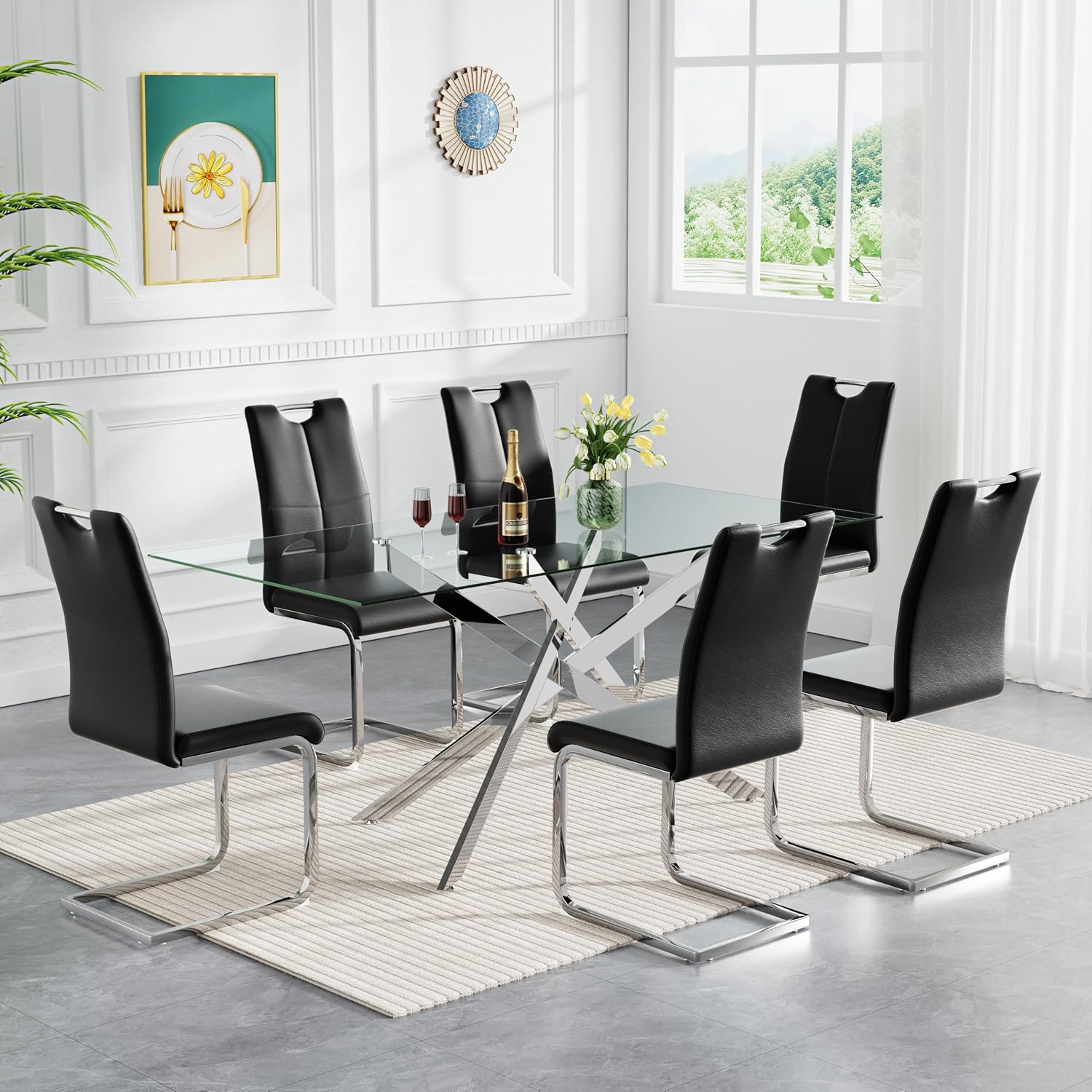 7 Piece Modern Dining Table Set of 6, 61" Tempered Glass Rectangle Dining Tables and 6 Leather Black Dining Chairs, 60 inch Kitchen Tables with Silver Metal Base, Large Dining Table Set