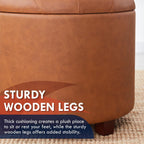 Ornavo Home 18" Round Storage Ottoman with Lid, Holds 300 lbs, Cognac | Faux Leather Tufted Fabric; Foot Rest Stool & Vanity Chair For Living Room, Bedroom Or Entryway
