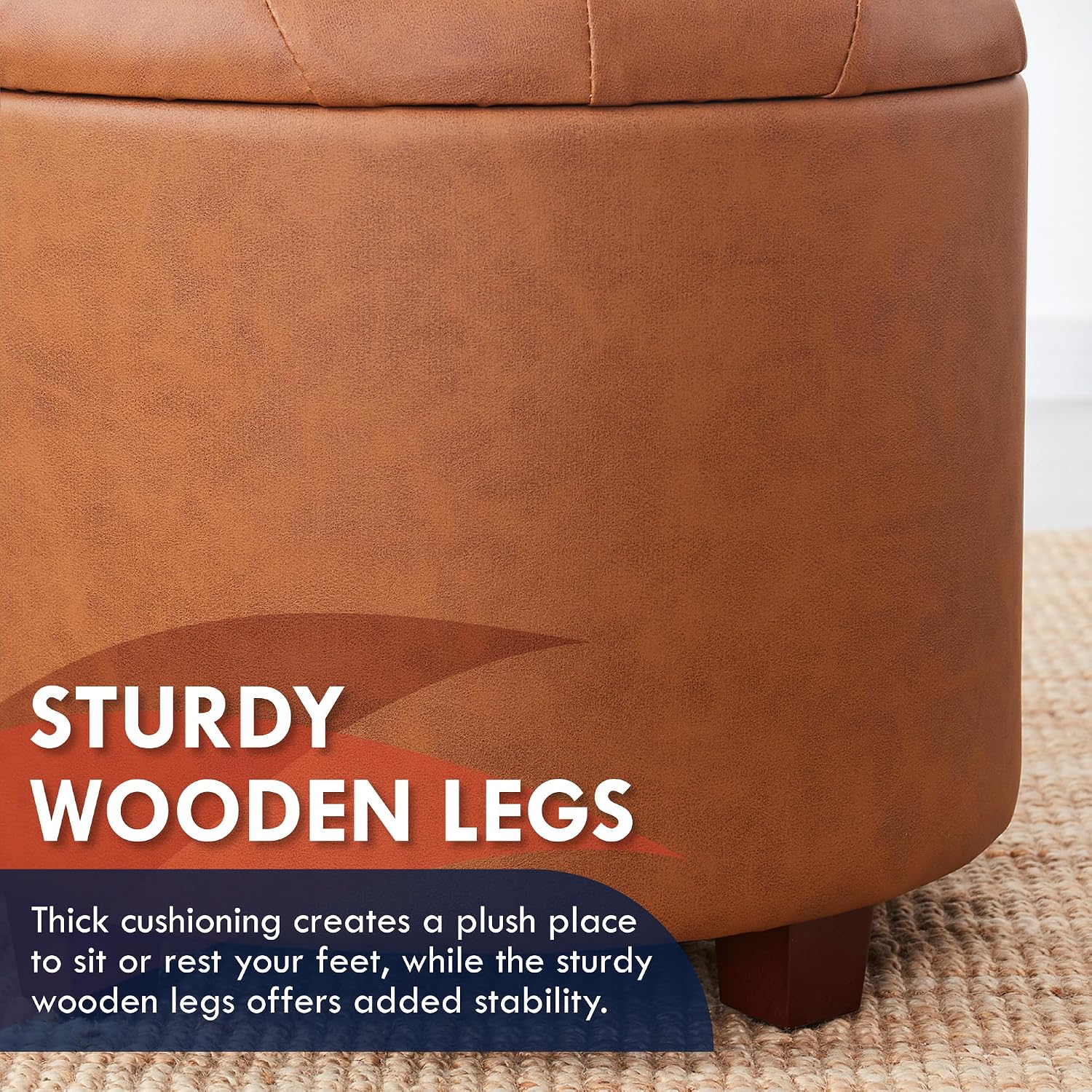 Ornavo Home 18" Round Storage Ottoman with Lid, Holds 300 lbs, Cognac | Faux Leather Tufted Fabric; Foot Rest Stool & Vanity Chair For Living Room, Bedroom Or Entryway