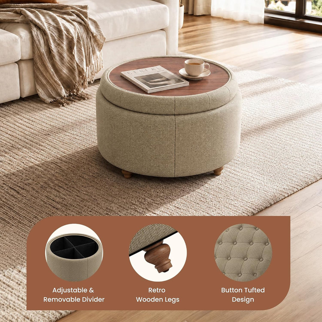 25" Round Ottoman with Storage, Small Coffee Table with Reversible Tray Lid | Tufted Fabric Round Storage Ottoman with Solid Wood Legs, 3-in-1 Footrest for Living Room, Bedroom, Entryway, Coffee