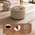 25" Round Ottoman with Storage, Small Coffee Table with Reversible Tray Lid | Tufted Fabric Round Storage Ottoman with Solid Wood Legs, 3-in-1 Footrest for Living Room, Bedroom, Entryway, Coffee