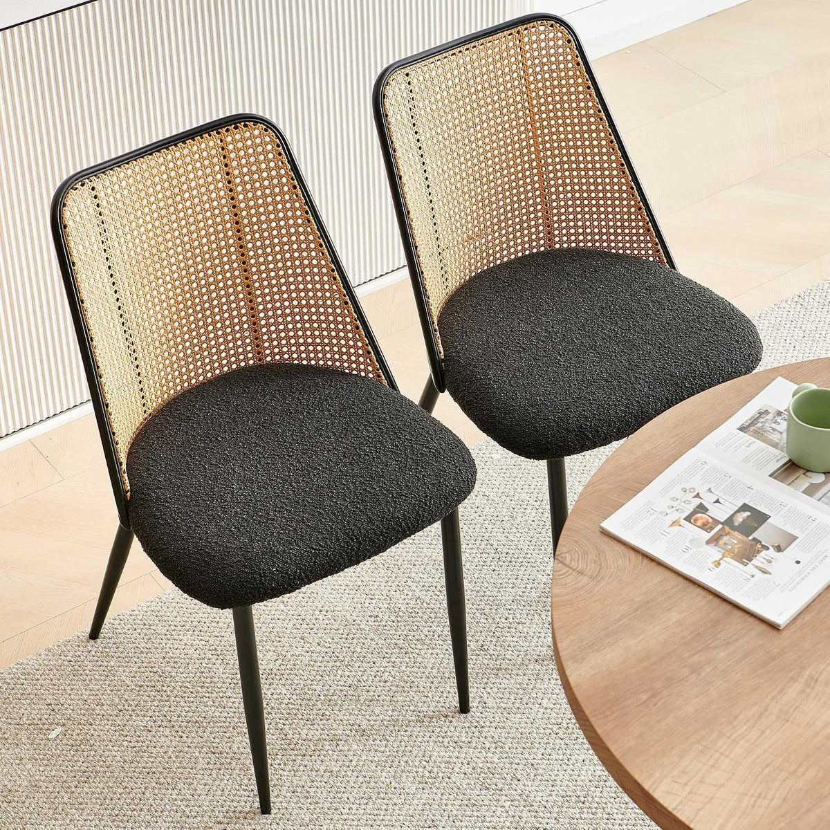 NORDICANA Rattan Dining Chairs Set of 2, Mid Century Kitchen Dining Room Side Chairs with Upholstered Cushion, Black