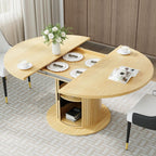 47"-63" Extendable Round-to-Oval Dining Table with Double-Layer Hidden Storage, Fluted Cylindrical Base and Sliding Doors, Modern Farmhouse Kitchen Table for Dining Room or Office, Oak