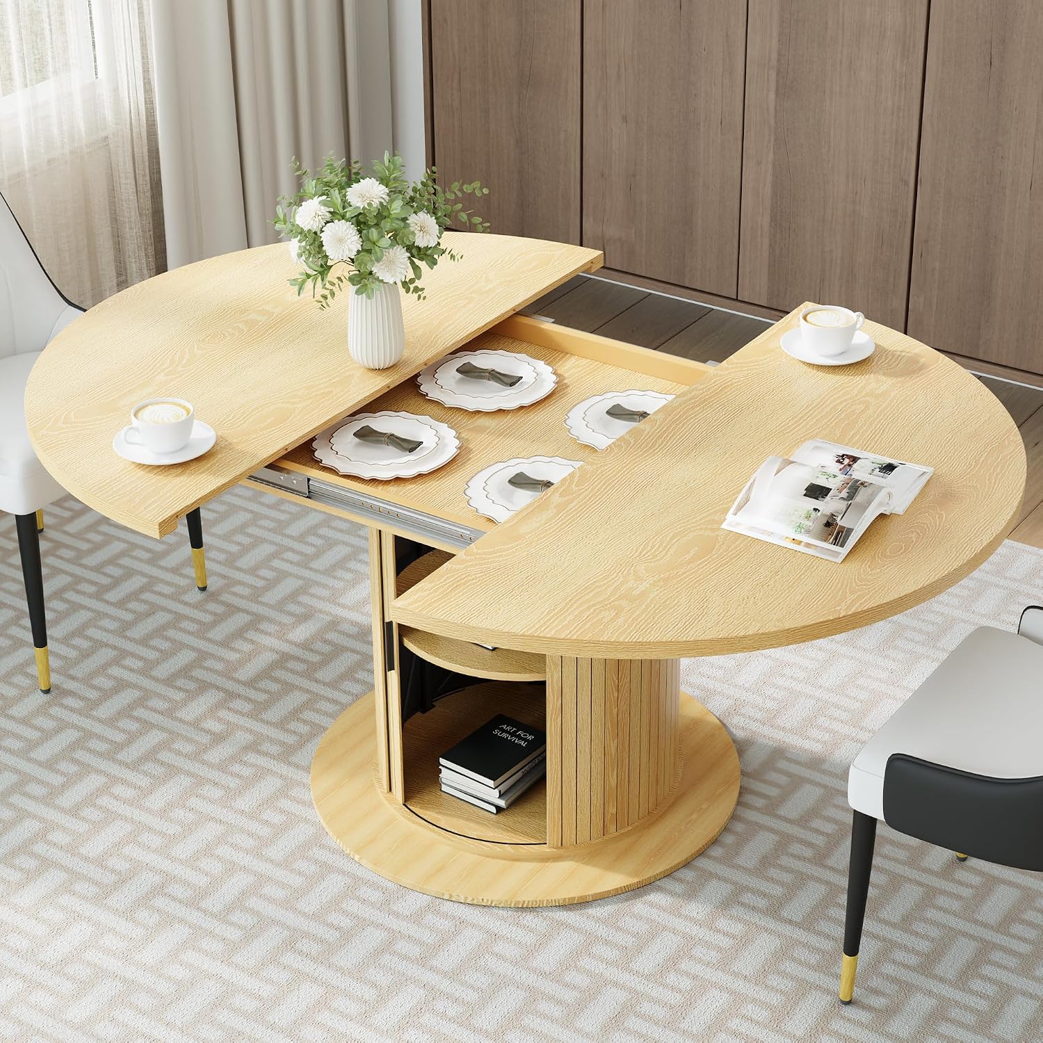47"-63" Extendable Round-to-Oval Dining Table with Double-Layer Hidden Storage, Fluted Cylindrical Base and Sliding Doors, Modern Farmhouse Kitchen Table for Dining Room or Office, Oak