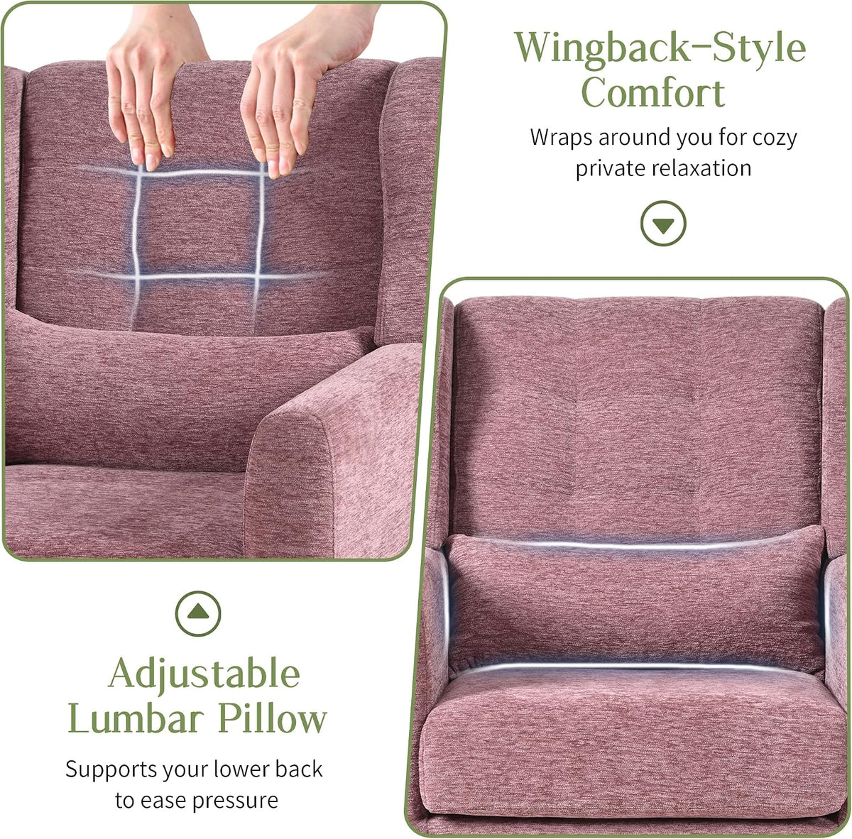 cinkehome Accent Arm Chairs for Living Room, Chenille Upholstered Mordern Armchair, Comfy Soft Padded Lounge Chair in Small Spaces, Bedroom, Pillow, Solid Wood Leg, Purple