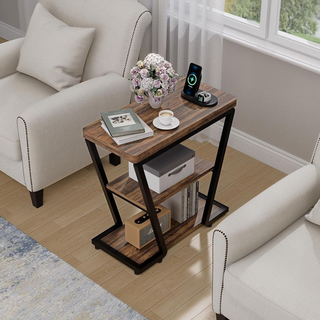 Narrow End Table for Small Spaces, 3-Tier Sofa Side Table with Storage Shelf, Wood and Metal Nightstand for Living Room Bedroom, Rustic Brown