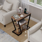 Narrow End Table for Small Spaces, 3-Tier Sofa Side Table with Storage Shelf, Wood and Metal Nightstand for Living Room Bedroom, Rustic Brown