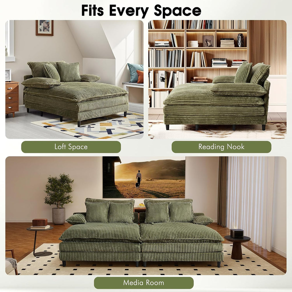WESTSETLUX 54.8" W Oversized Chaise Lounge Chair Indoor with 5-Position Adjustable Backrest, Corduroy Sleeper Sofa Bed with 3 Pillows, Modern Cloud Couch Chair for Living Room, Bedroom, Green