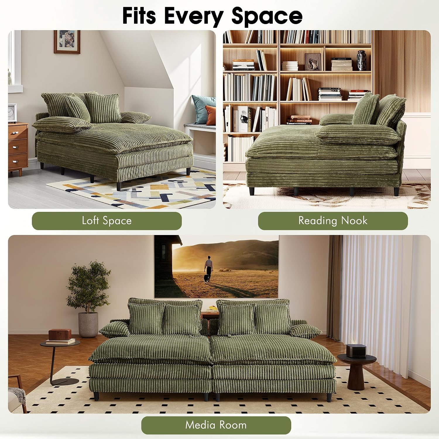 WESTSETLUX 54.8" W Oversized Chaise Lounge Chair Indoor with 5-Position Adjustable Backrest, Corduroy Sleeper Sofa Bed with 3 Pillows, Modern Cloud Couch Chair for Living Room, Bedroom, Green