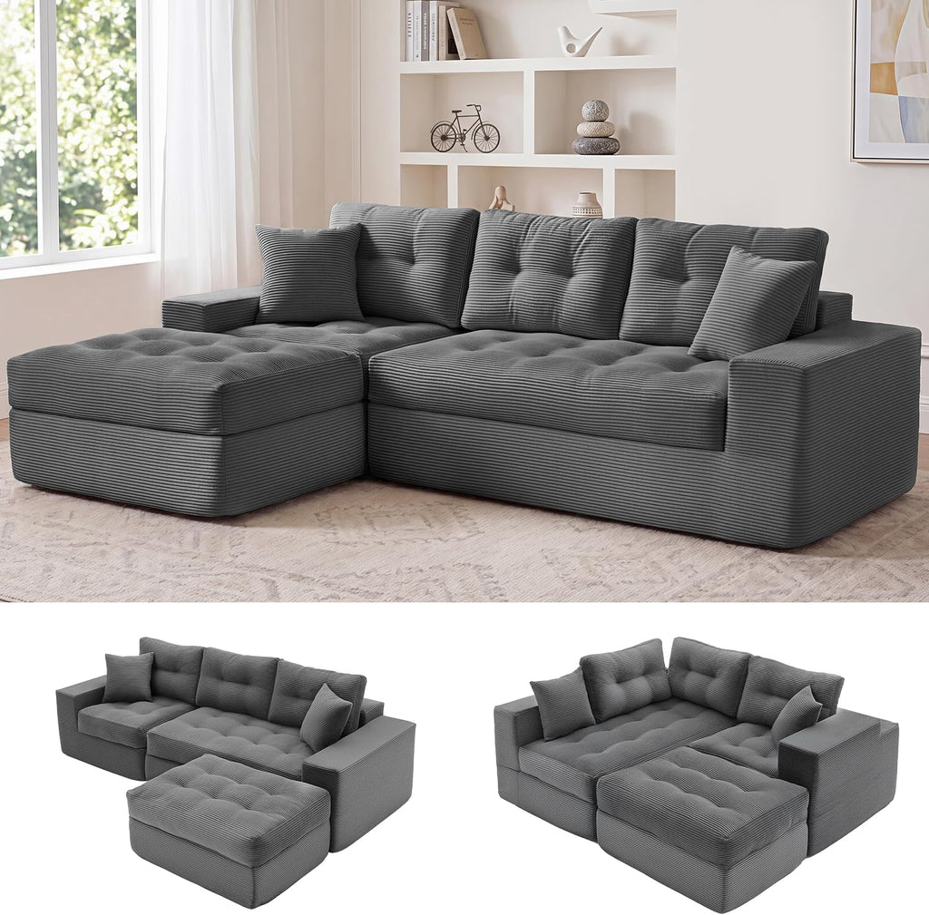 100" L Shaped Cloud Couch with Ottoman, Couches for Living Room | Modular Sectional Sofa, Upholstered Cloud Sofa with Layered Cushion, Dark Grey Sectional Couch, No Assembly