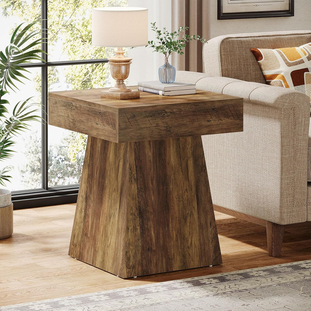 Tribesigns Small End Table, Rustic Square Side Table with Wide Base, Farmhouse Small Nightstand Beside Bed, Next to Armchair, for Living Room, Brown