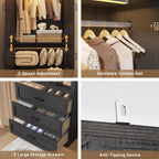 75" Tall Farmhouse 4 Doors Armoire Wardrobe Closet with 3 Drawers and LED,Freestanding Closet Wardrobe Cabinet for Bedroom with Hanging Rod,Wooden Armoire Storage Cabinet with Adjustable shelve(Black)
