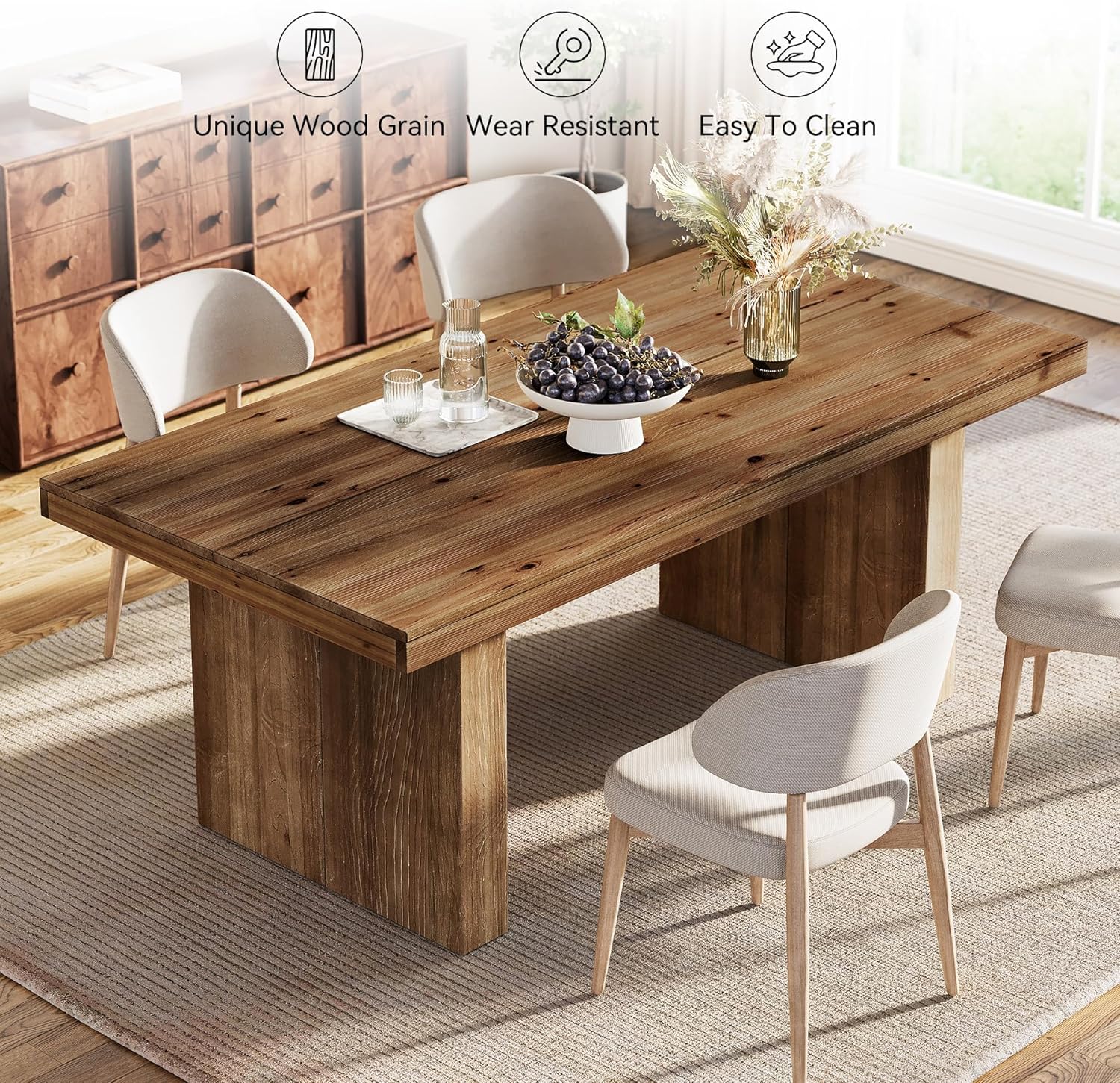 63" Solid Wood Dining Table for 4-6 People, Farmhouse Rectangle Kitchen Dinner Table with Wooden Heavy-Duty Legs for Dining Room, Kitchen, Simple Style & Easy Assembly (Dark Brown)