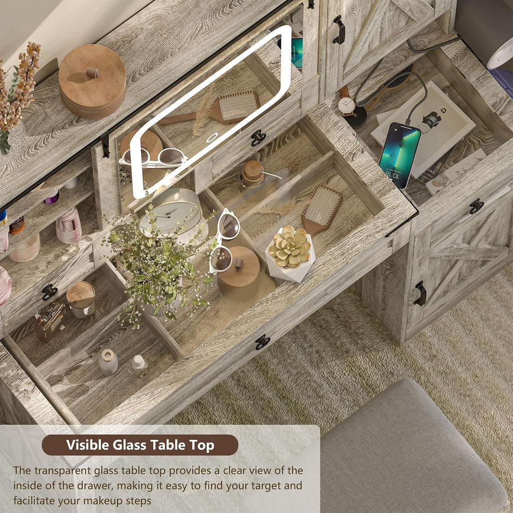 Farmhouse Vanity Desk with Mirror and Lights, 42” Makeup Vanity with Charging Station, 4 Drawers & Adjustable Shelves, Oak