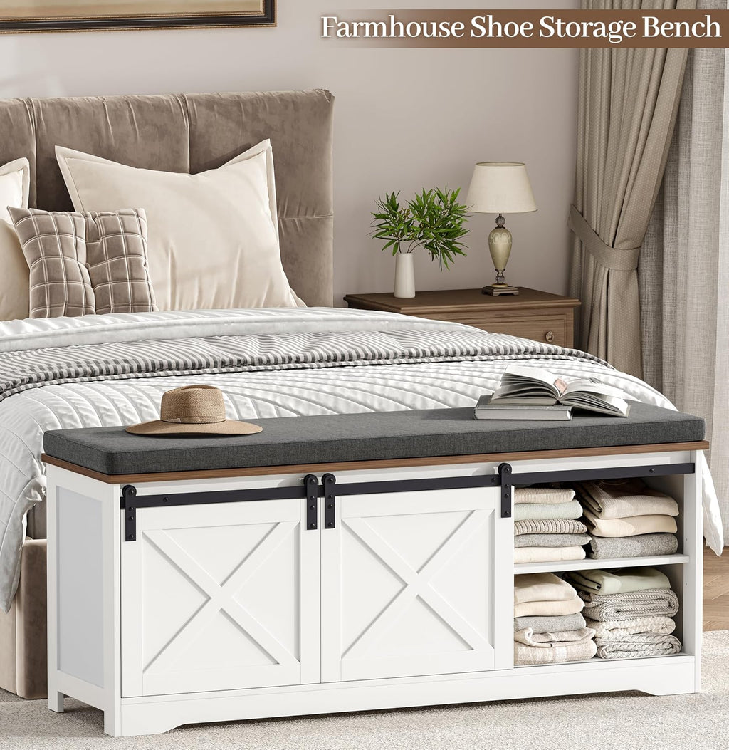Farmhouse Storage Bench with Cushion, 47.2" Shoe Bench with Slide Barn Doors and Adjustable Shelves, Entryway Bench with Storage for Bedroom, Closet, Living Room, Hallway, White