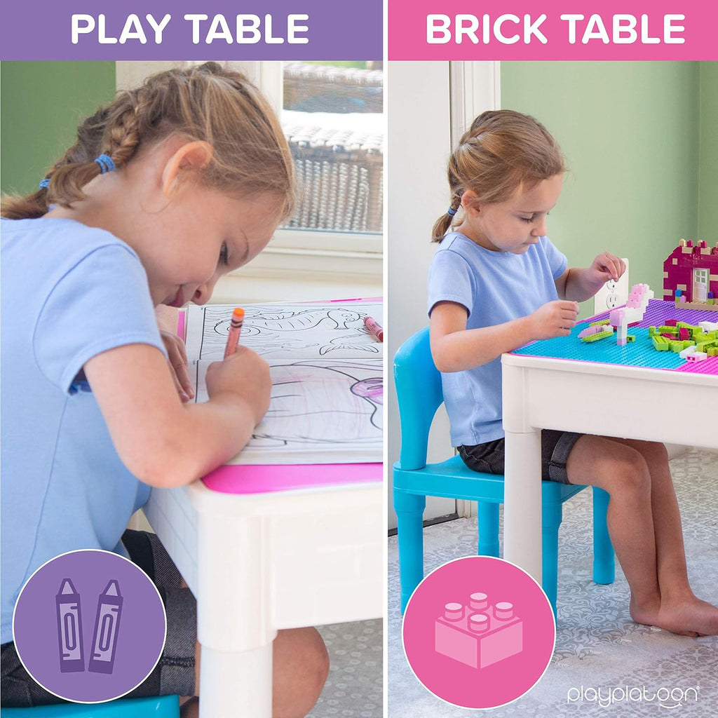 Play Platoon Kids Activity Table Set, Pastel, Building Brick Table | 2 Chairs & Jumbo Bricks Included, Compatible with All Major Brands