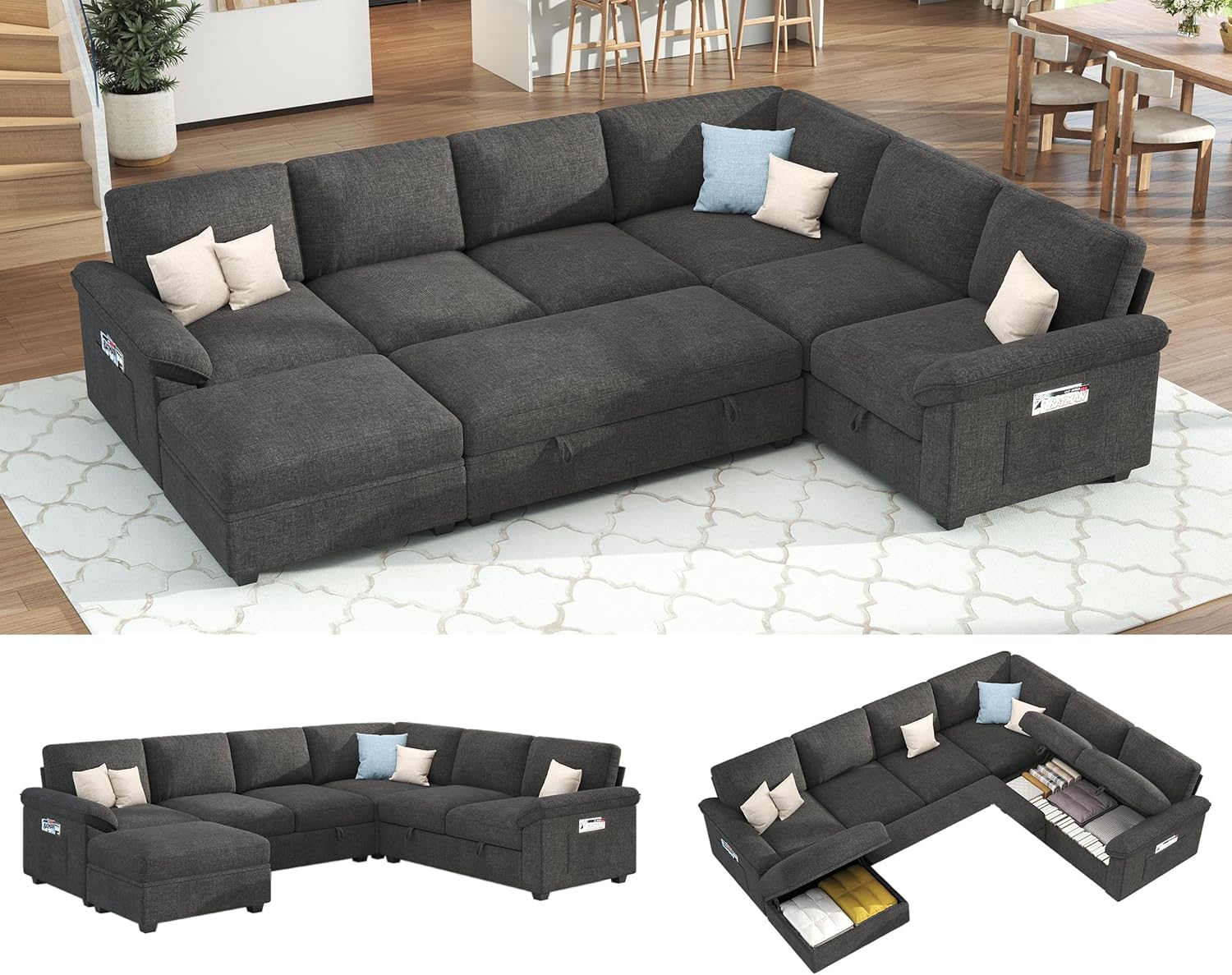 Jocisland 105" Sofa Bed, Sectional Sleeper Sofa with Pull Out Bed/Reclining Backrest, Sleeper Couch Bed with Storage, 6 Seater Couch Bed for Living Room, Chenille Dark Gray
