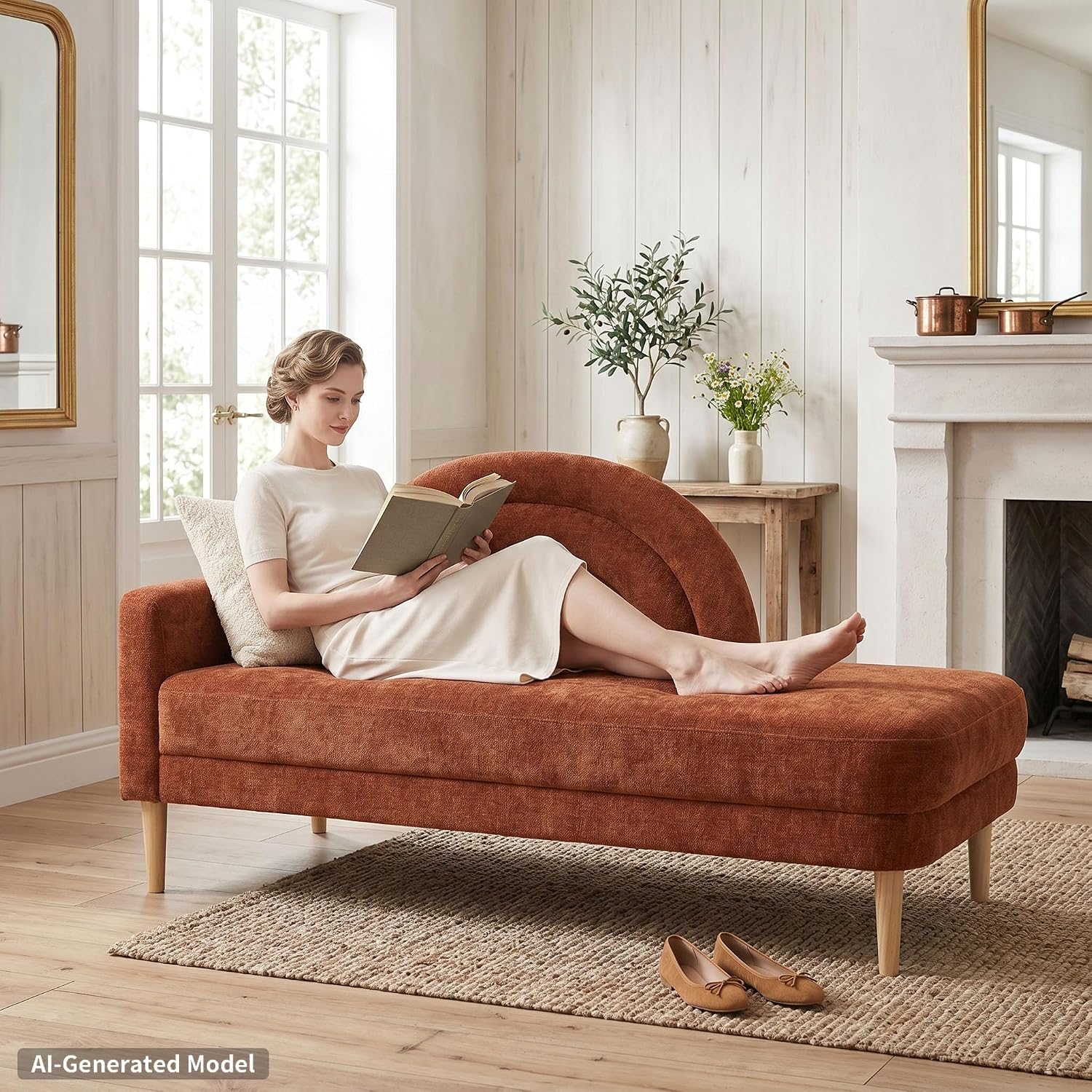 62.2" Linen Chaise Lounge Chair Indoor with Right Armres, Ocher Orange | Small Chaise Lounge for Bedroom, Recliner Chair Lounge Sofa for Office/Living Room, Comfy Wooden Chaise Lounge Couch