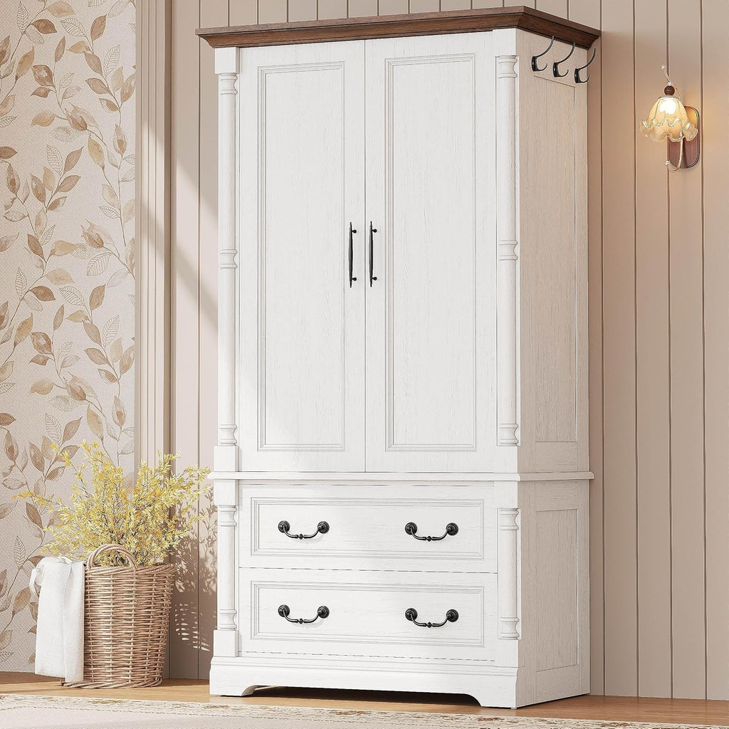 LIKIMIO Armoire Wardrobe Closet 70" with 2 Drawers for Bedroom, White | Farmhouse Wardrobe with Roman Column Doors, Hanging Rod and Side Hooks for Clothing Storage and Organization in Bedrooms
