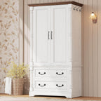 LIKIMIO Armoire Wardrobe Closet 70" with 2 Drawers for Bedroom, White | Farmhouse Wardrobe with Roman Column Doors, Hanging Rod and Side Hooks for Clothing Storage and Organization in Bedrooms