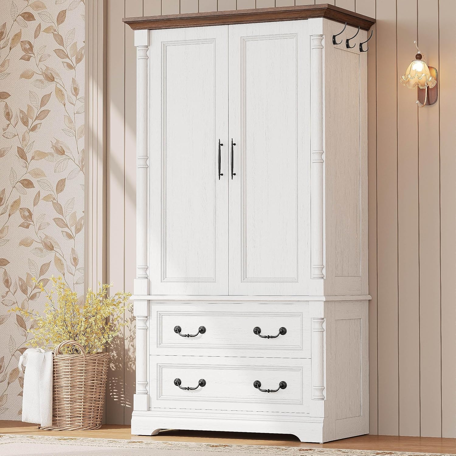 LIKIMIO Armoire Wardrobe Closet 70" with 2 Drawers for Bedroom, White | Farmhouse Wardrobe with Roman Column Doors, Hanging Rod and Side Hooks for Clothing Storage and Organization in Bedrooms