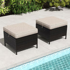 2 Pieces Patio All-Weather Wicker Ottomans with Cushions, PE Rattan Outdoor Conversation Furniture Set for Backyard, Deck, Lawn (Beige)