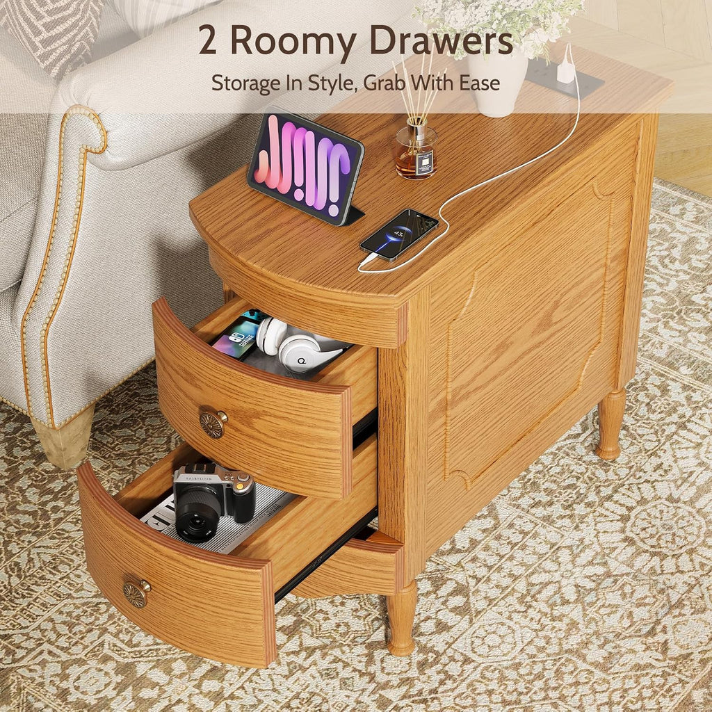 End Table Set of 2 with Charging Station, Narrow Side Table with 2 Drawer, Wood Sofa Side Table for Living Room, Vintage Slim Nightstand for Bedroom, Pre-Assembled (Light Walnut)