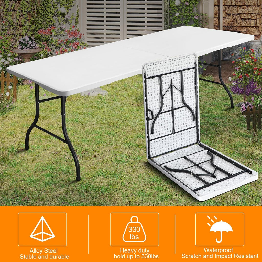 8ft Folding Table, Portable Heavy Duty Plastic Fold-in-Half Utility Table for Indoor/Outdoor Use, Dining, Camping, Picnic, Party, White