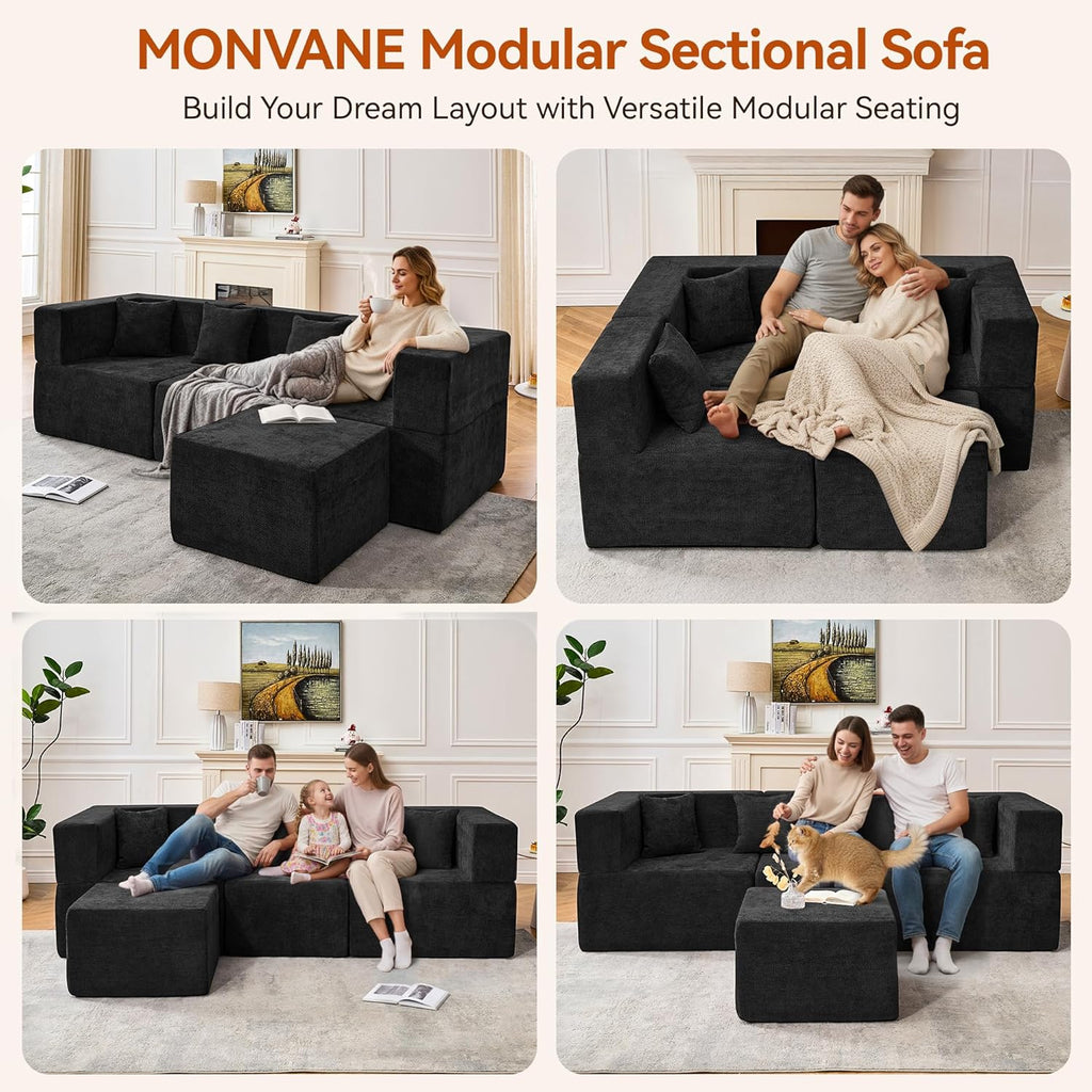 MONVANE 103'' Modular Sectional Sofa, Comfy Chenille Cloud Couch with Ottoman, Modern Convertible L Shaped Couch with Deep Seat, Sectional Couches for Living Room, Bedroom and Apartment, Black