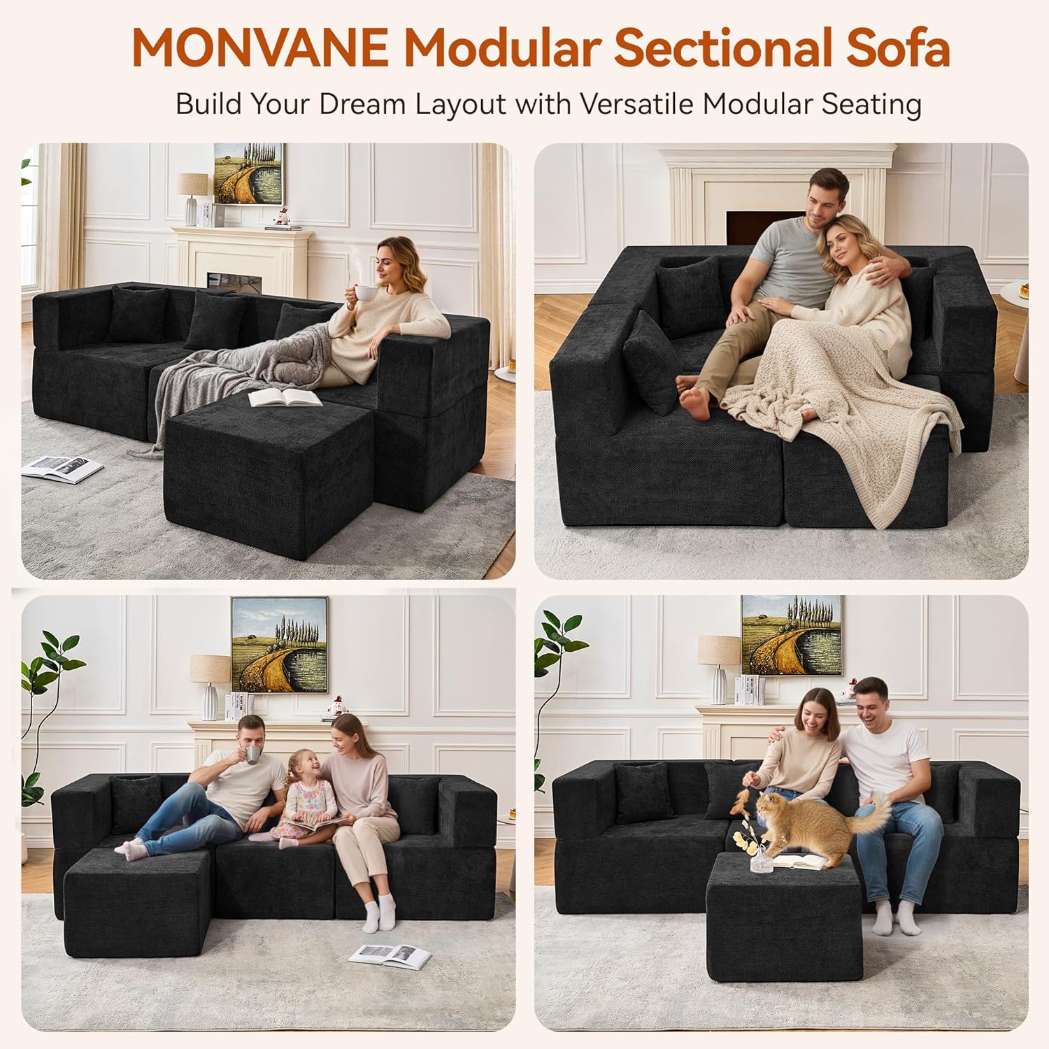 MONVANE 103'' Modular Sectional Sofa, Comfy Chenille Cloud Couch with Ottoman, Modern Convertible L Shaped Couch with Deep Seat, Sectional Couches for Living Room, Bedroom and Apartment, Black