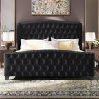 BRELTAM Upholstered King Size Bed Frame Velvet Black Tufted Platform Bed Frame with Wingback Headboard & Footboard, with Deep Button Tufted & Nailhead Wooden Slats Support, No Box Spring Needed