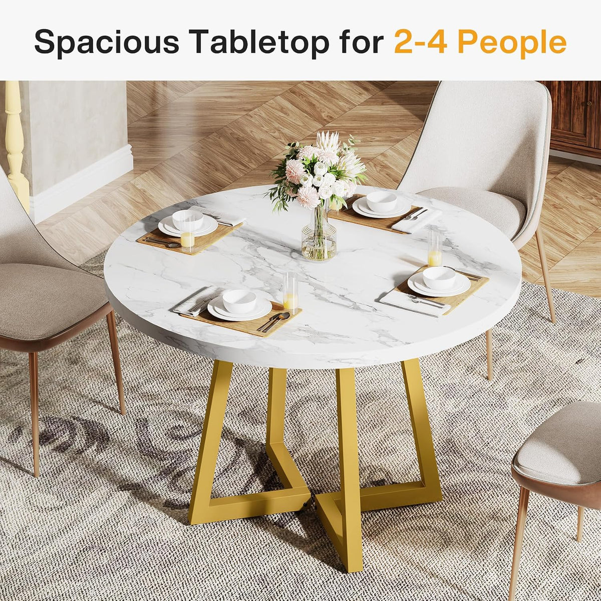 Tribesigns Round Dining Table for 2, 31.5" Modern Kitchen Table with Metal Base, Small Table for Dining Room, Small Space, Apartment, Office, Restaurant, White & Gold