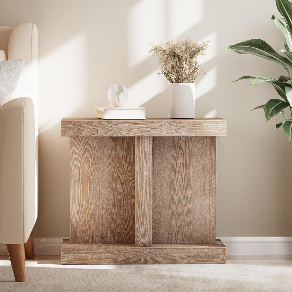 COZAYH Farmhouse Wood End Table with Open Base Shelf, Modern Minimalist Rectangular Side Table Plant Stand for Living Room, Bedroom, Natural Grain Finish