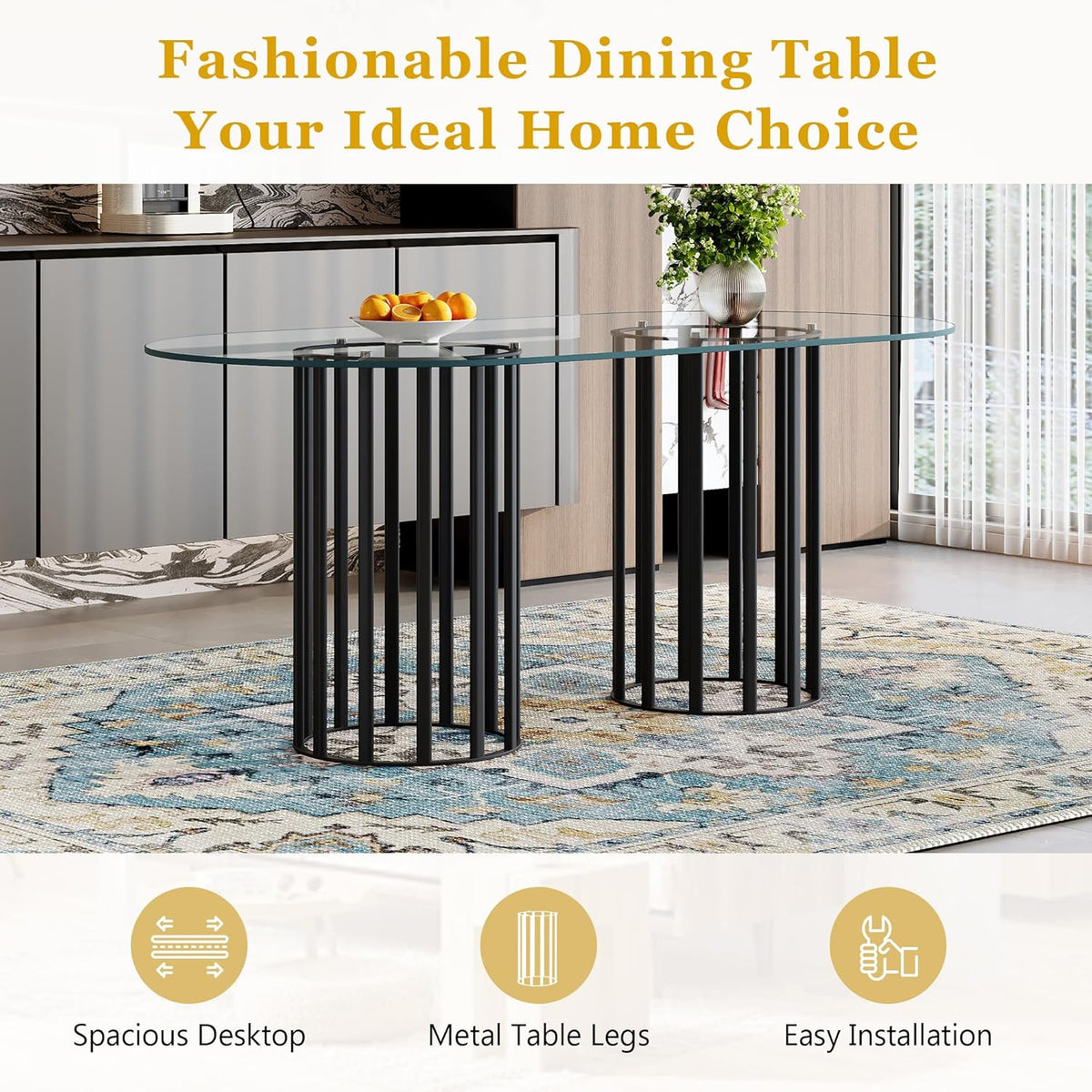 Oval Tempered Glass Dining Table for 4-8 People, 71'' Tall Kitchen Tables for Small Spaces, Modern Dinning Room Furniture, Metal Pillar Base, for Living Room, Kitchen, Dining Room, Black