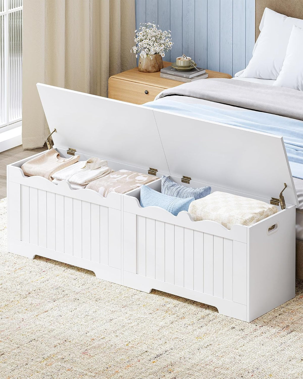 Hzuaneri 59" Storage Chest, Storage Bench Trunk with 2 Hinges, Wooden Box, Lift-Top Chest Organizer, Shoe Bench for Entryway, Bedroom, Living Room, White SB01503X