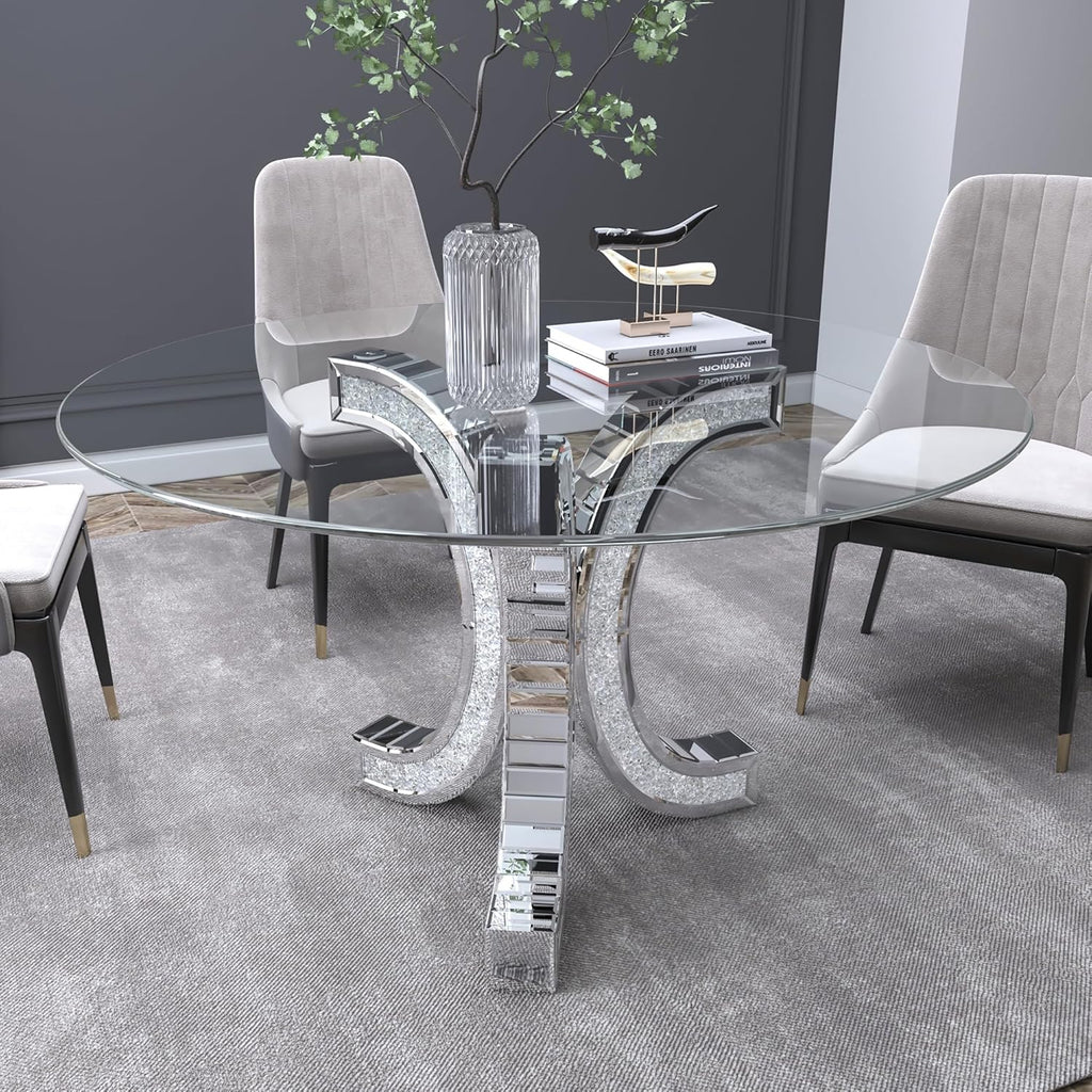52" Round Glass Pedestal Dining Table with Tempered Glass Top, Mirrored Base with Crushed Diamonds, Modern Centerpiece