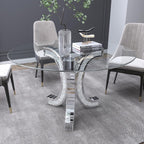52" Round Glass Pedestal Dining Table with Tempered Glass Top, Mirrored Base with Crushed Diamonds, Modern Centerpiece
