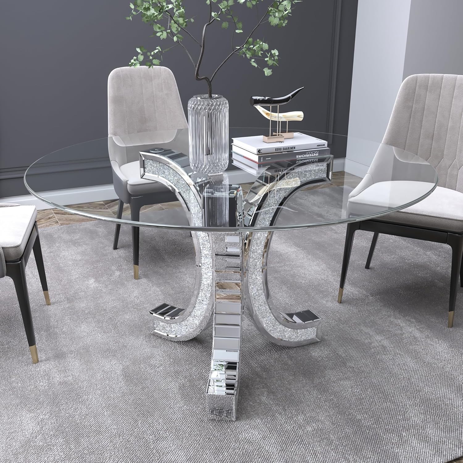 52" Round Glass Pedestal Dining Table with Tempered Glass Top, Mirrored Base with Crushed Diamonds, Modern Centerpiece
