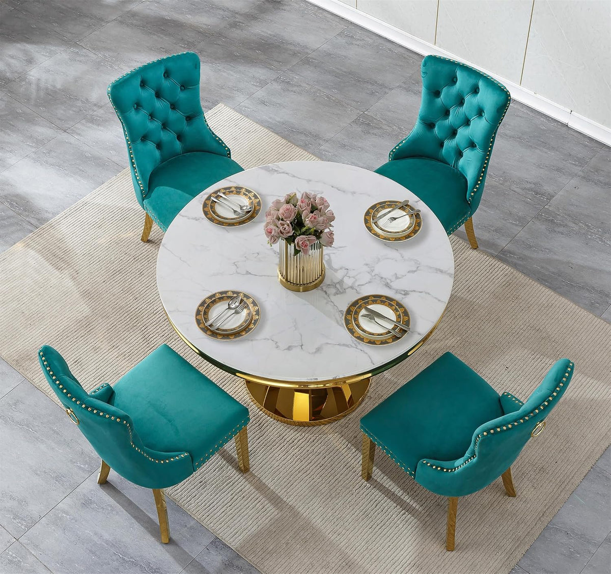 3-Piece Round Marble Dining Table Set for 4 with Velvet Chairs | Modern Faux Marble Kitchen Table with 4 Green Tufted Chairs,White Gold Dinner Tables Diamond Stainless Steel Pedestal Base