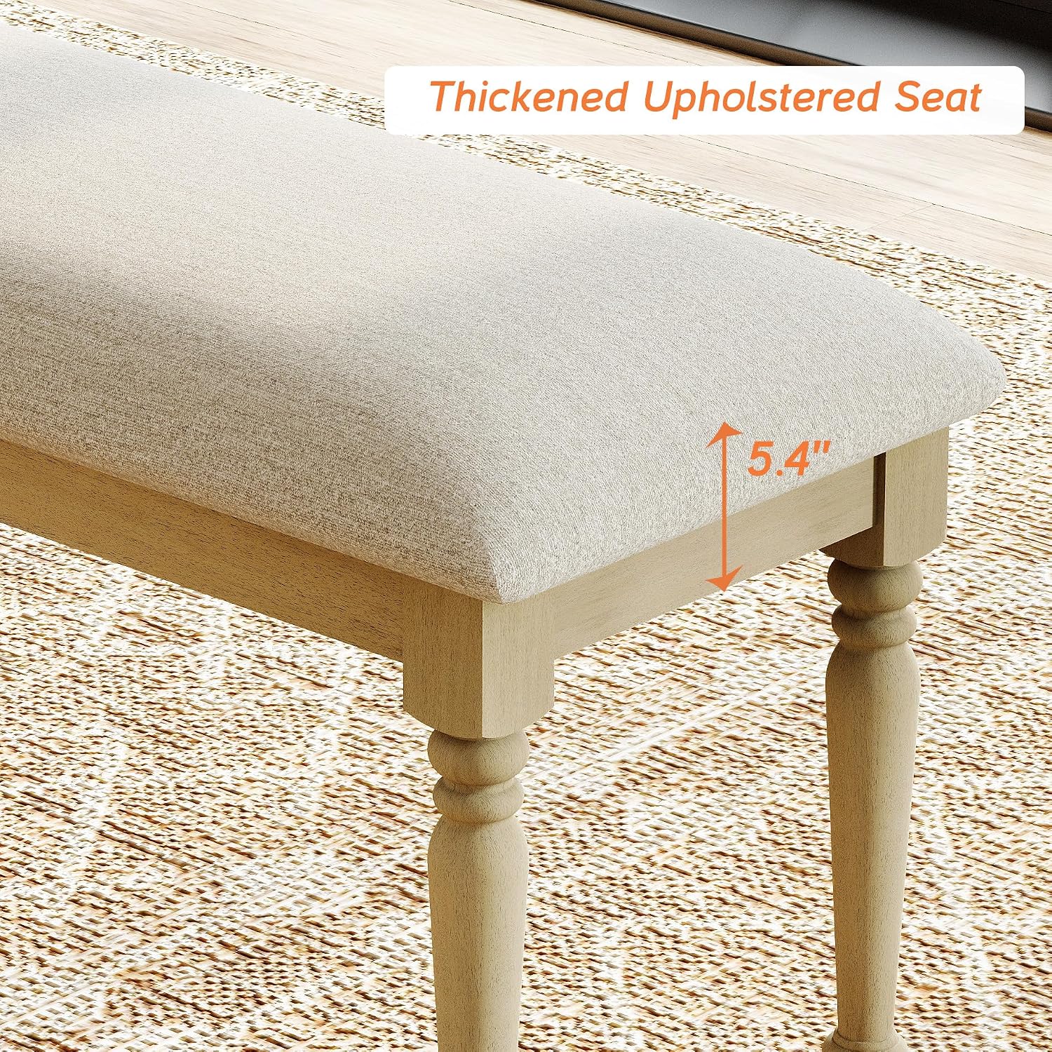 WAMPAT Farmhouse Dining Bench with Solid Wood Legs for Dining Room, Oak | Kitchen Benches with Padded Seat, Upholstered End of Bed Bench for Bedroom, Wooden Entryway Benches for Hallway, 52 Inch