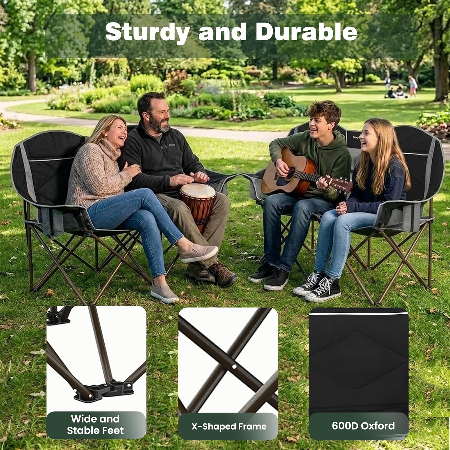 SUNNYFEEL Double Camping Chair Portable Folding Loveseat for 2 Adults Heavy Duty Oversized Camping Couch 600 lbs with Cup Holders & Storage for Outdoor Camping, Beach, Lawn, Patio RV & Indoor Use