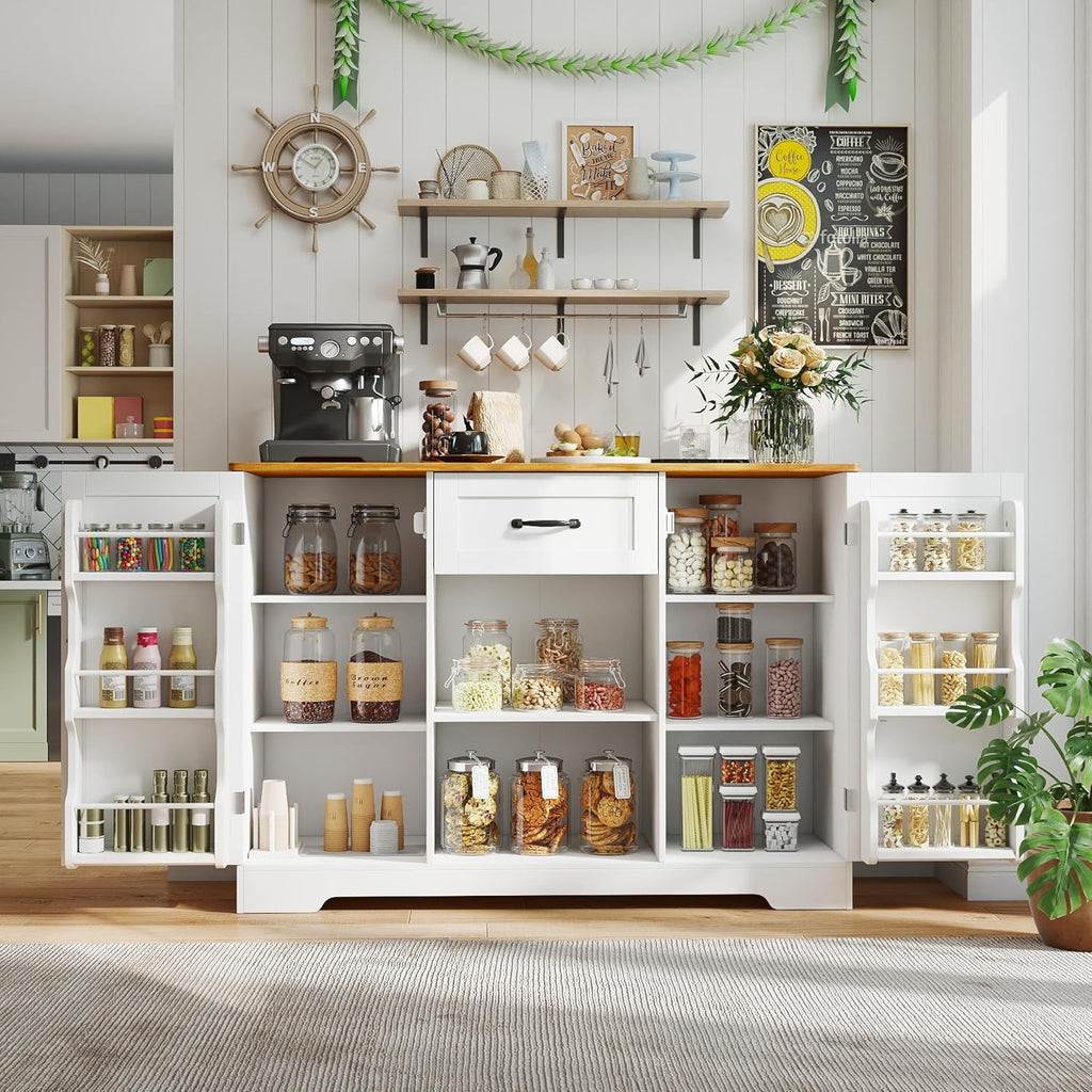 Gizoon 45" Kitchen Sideboard Buffet Cabinet with Storage Coffee Bar Cabinet with Drawer, Kitchen Pantry Storage with Door and Shelves for Bathroom and Living Room, White and Rustic