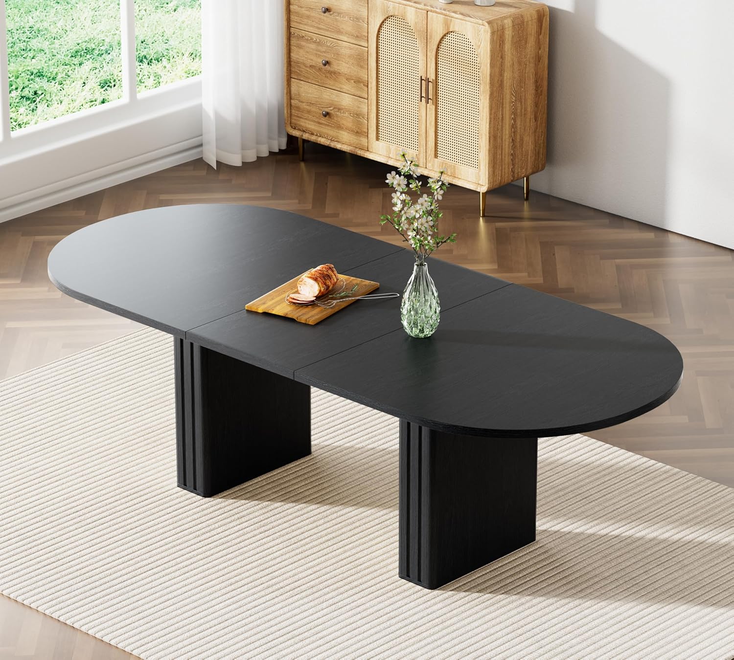 Extendable Dining Table Set of 4, Black Oval Dining Room Table & 4 Black Velvet Dining Chairs with Wood Leg, 62.99"-78.74" Kitchen Table and Chairs Set, Modern 5 Piece Dining Set