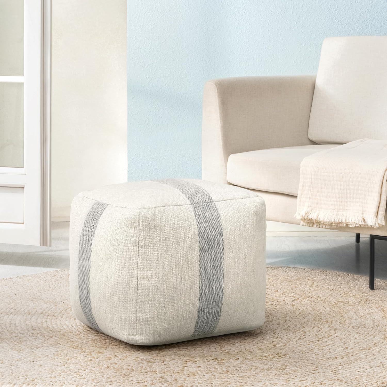 Anji Mountain Artisan Crafted Cotton Blend Pouf Ottoman | Versatile Floor Seating & Footstool for Living Room | Modern Boho Home Décor Accent | Filled Pouffe | Soft & Fluffy Ottoman Pouf, Lightweight, Decorative Floor Pouf Seating for Bedroom & Home